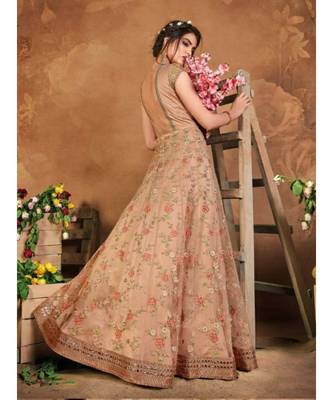 beige embroidered net semi stitched salwar 2