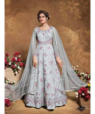 grey embroidered net semi stitched salwar 1