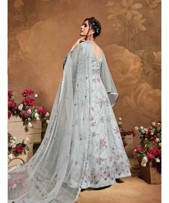 grey embroidered net semi stitched salwar 2