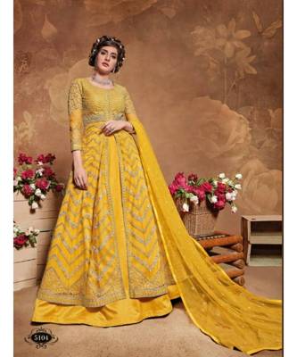 yellow embroidered net semi stitched salwar 3
