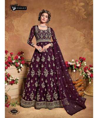 purple embroidered net semi stitched salwar 3