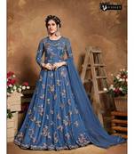blue embroidered net semi stitched salwar