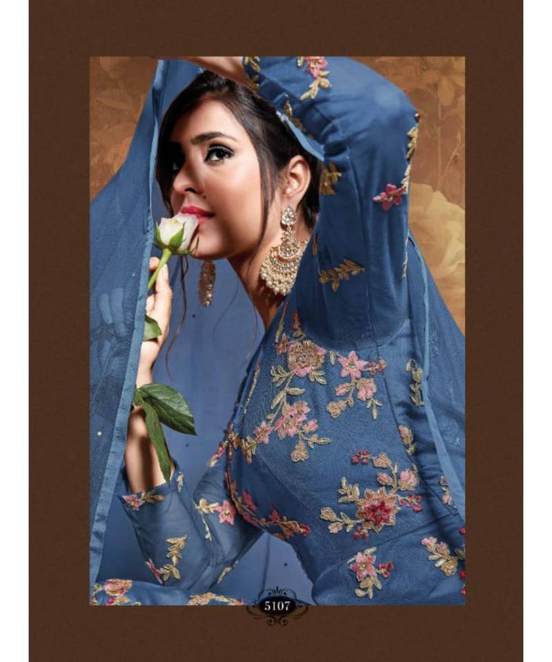 blue embroidered net semi stitched salwar