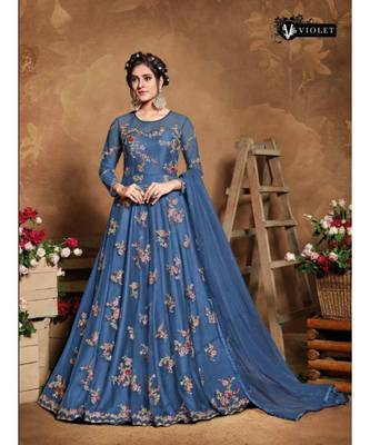 blue embroidered net semi stitched salwar 3