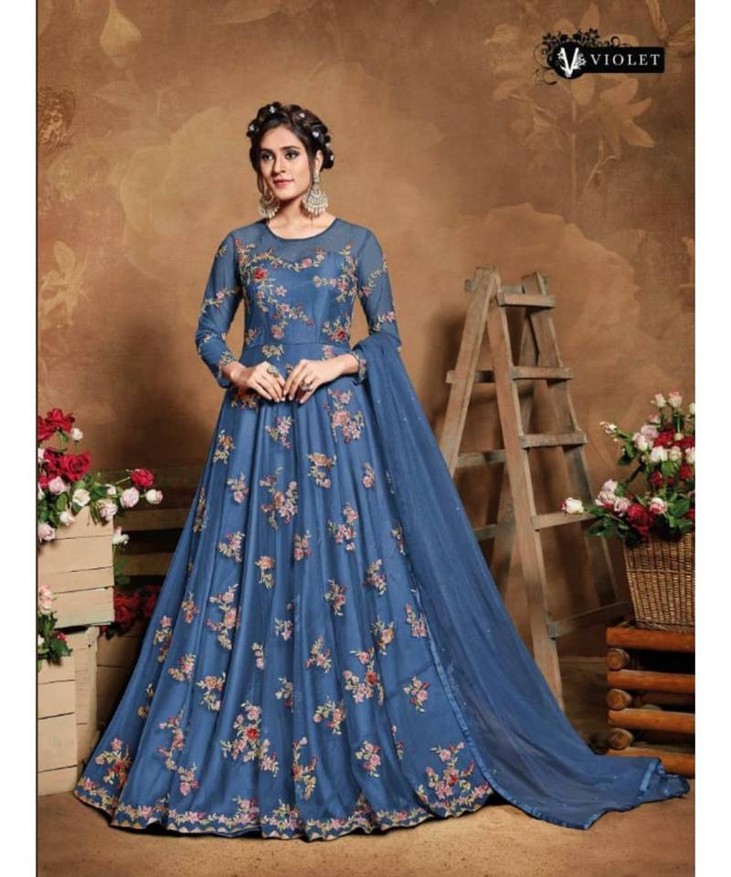 blue embroidered net semi stitched salwar
