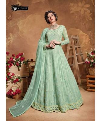 turquoise embroidered net semi stitched salwar 1