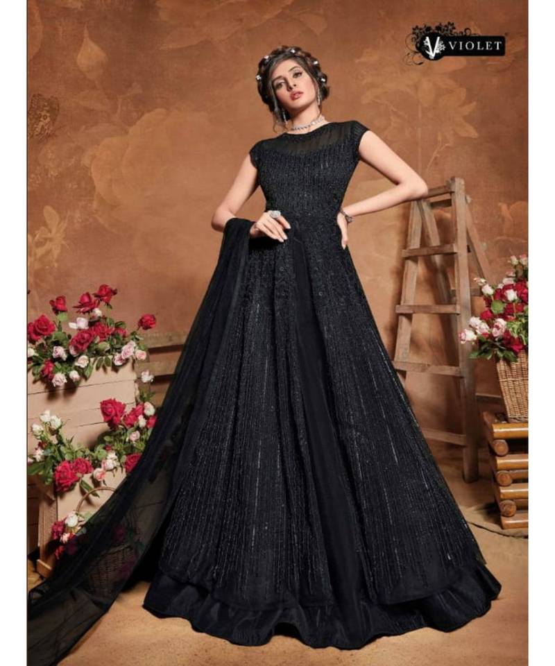 black embroidered net semi stitched salwar