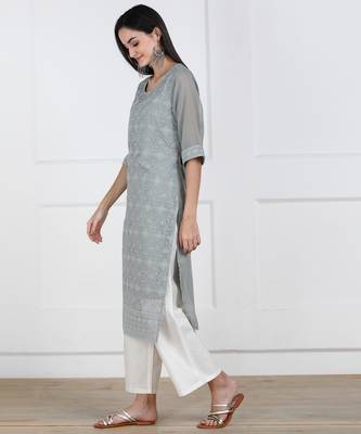 Grey Embroidered Georgette Staright Kurti 2