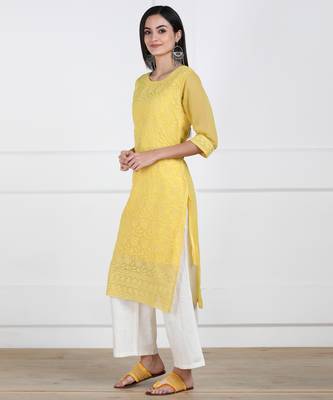 Yellow Embroidered Georgette Staright Kurti 2