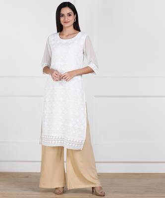 White Embroidered Georgette Staright Kurti 1