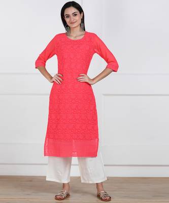Pink Embroidered Georgette Staright Kurti 1