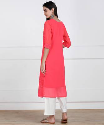 Pink Embroidered Georgette Staright Kurti 2