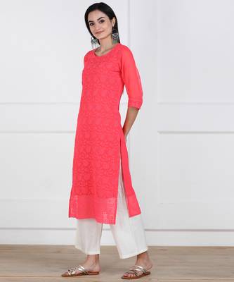 Pink Embroidered Georgette Staright Kurti 3