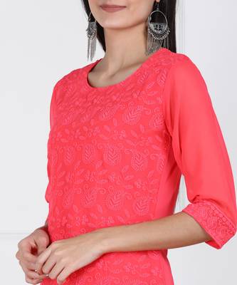 Pink Embroidered Georgette Staright Kurti 4