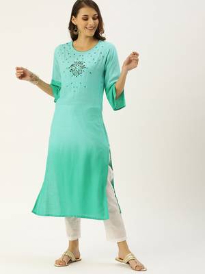 Turquoise Embroidered Georgette Staright Kurti 1