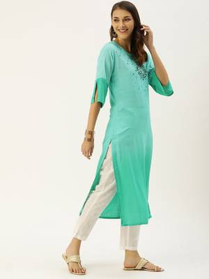 Turquoise Embroidered Georgette Staright Kurti 3