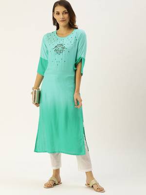 Turquoise Embroidered Georgette Staright Kurti 5
