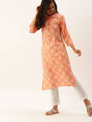 Peach Printed Viscose Blend Staright Kurti with Pant 1