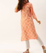 Peach Printed Viscose Blend Staright Kurti with Pant