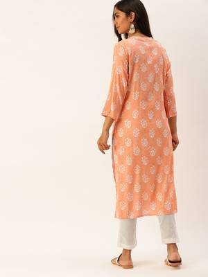 Peach Printed Viscose Blend Staright Kurti with Pant 2