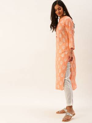 Peach Printed Viscose Blend Staright Kurti with Pant 3
