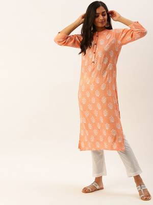 Peach Printed Viscose Blend Staright Kurti with Pant 4