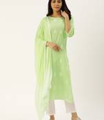 Light Green Embroidered Cotton Staright Kurti with Pant and Dupatta