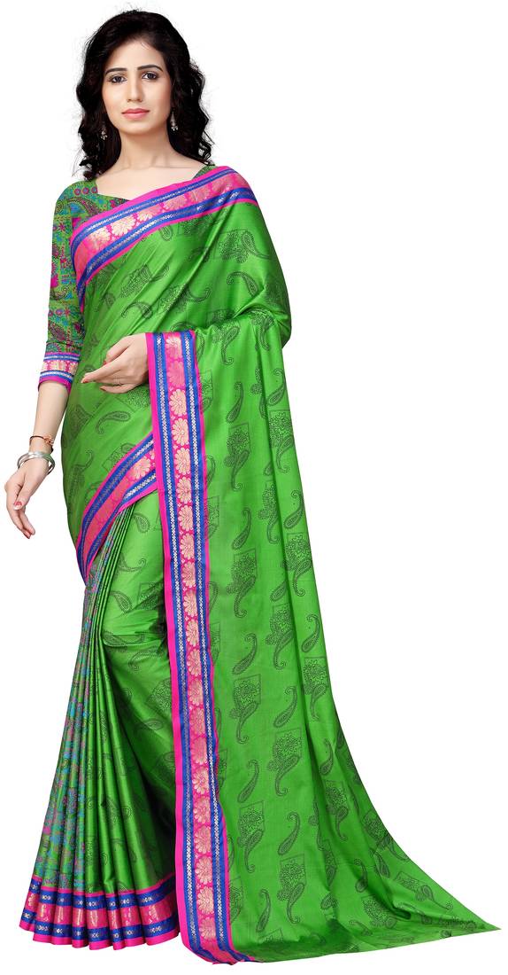 Green plain cotton saree with blouse