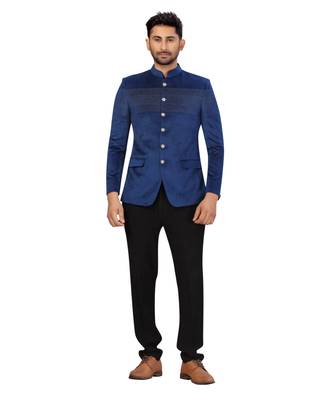 Navy Blue Velvet Jodhpuri Suit 3