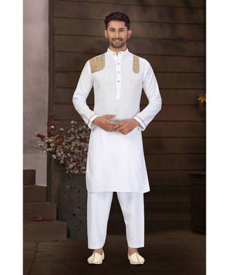 White With Beige Strips Cotton Pathani Set 1