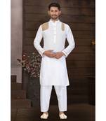 White With Beige Strips Cotton Pathani Set