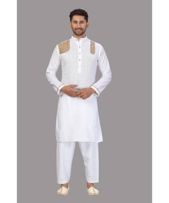White With Beige Strips Cotton Pathani Set 3