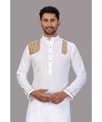 White With Beige Strips Cotton Pathani Set 4