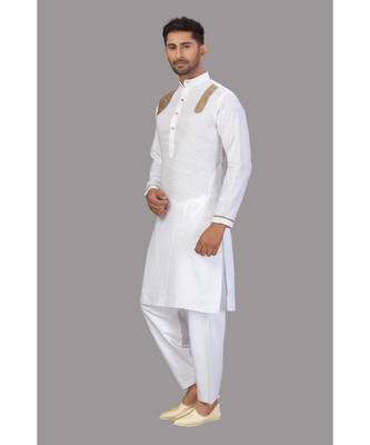 White With Beige Strips Cotton Pathani Set 5