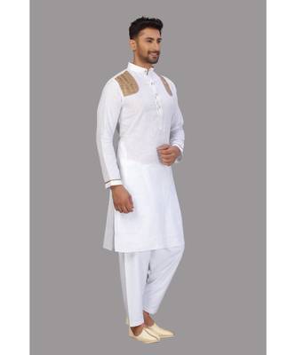 White With Beige Strips Cotton Pathani Set 6