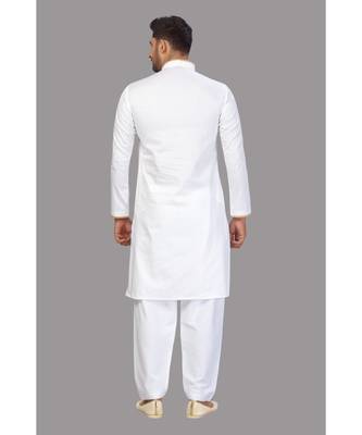 White cotton pathani suits with gold stirpes pattern work 2