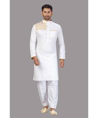 White cotton pathani suits with gold stirpes pattern work 3
