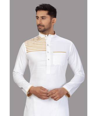 White cotton pathani suits with gold stirpes pattern work 4