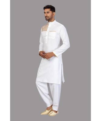 White cotton pathani suits with gold stirpes pattern work 5