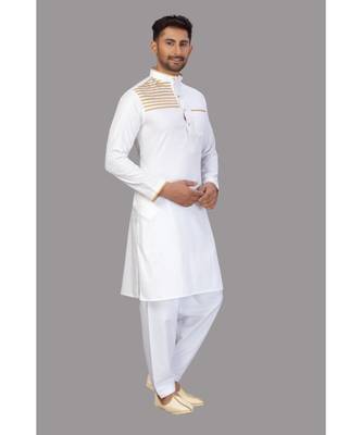 White cotton pathani suits with gold stirpes pattern work 6