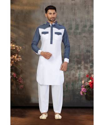 White Cotton Pattern Stone Pathani Set with navy blue pattern work 1