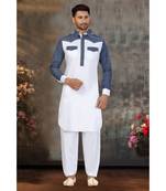White Cotton Pattern Stone Pathani Set with navy blue pattern work