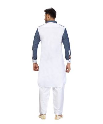 White Cotton Pattern Stone Pathani Set with navy blue pattern work 2