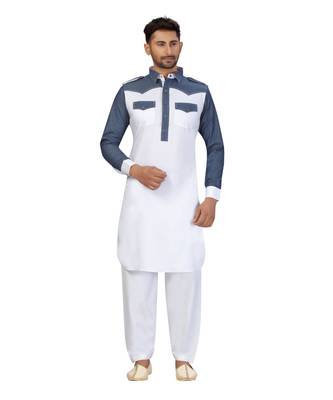 White Cotton Pattern Stone Pathani Set with navy blue pattern work 3