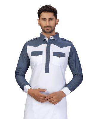White Cotton Pattern Stone Pathani Set with navy blue pattern work 4