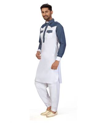 White Cotton Pattern Stone Pathani Set with navy blue pattern work 5