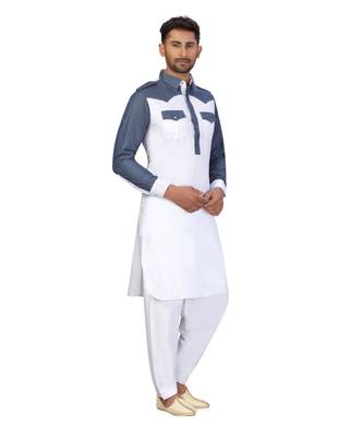 White Cotton Pattern Stone Pathani Set with navy blue pattern work 6