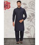 Navy Blue Cotton Pattern Pathani Set