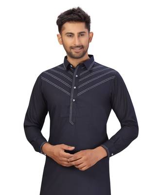 Navy Blue Cotton Pattern Pathani Set 4