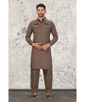 Brown Cotton Pattern Pathani Set 1